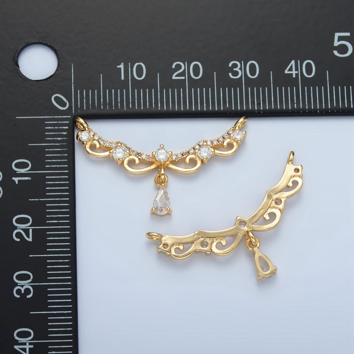 24K Gold Filled Curved Elaborate Micro Paved CZ Teardrop Drop Connector | F251