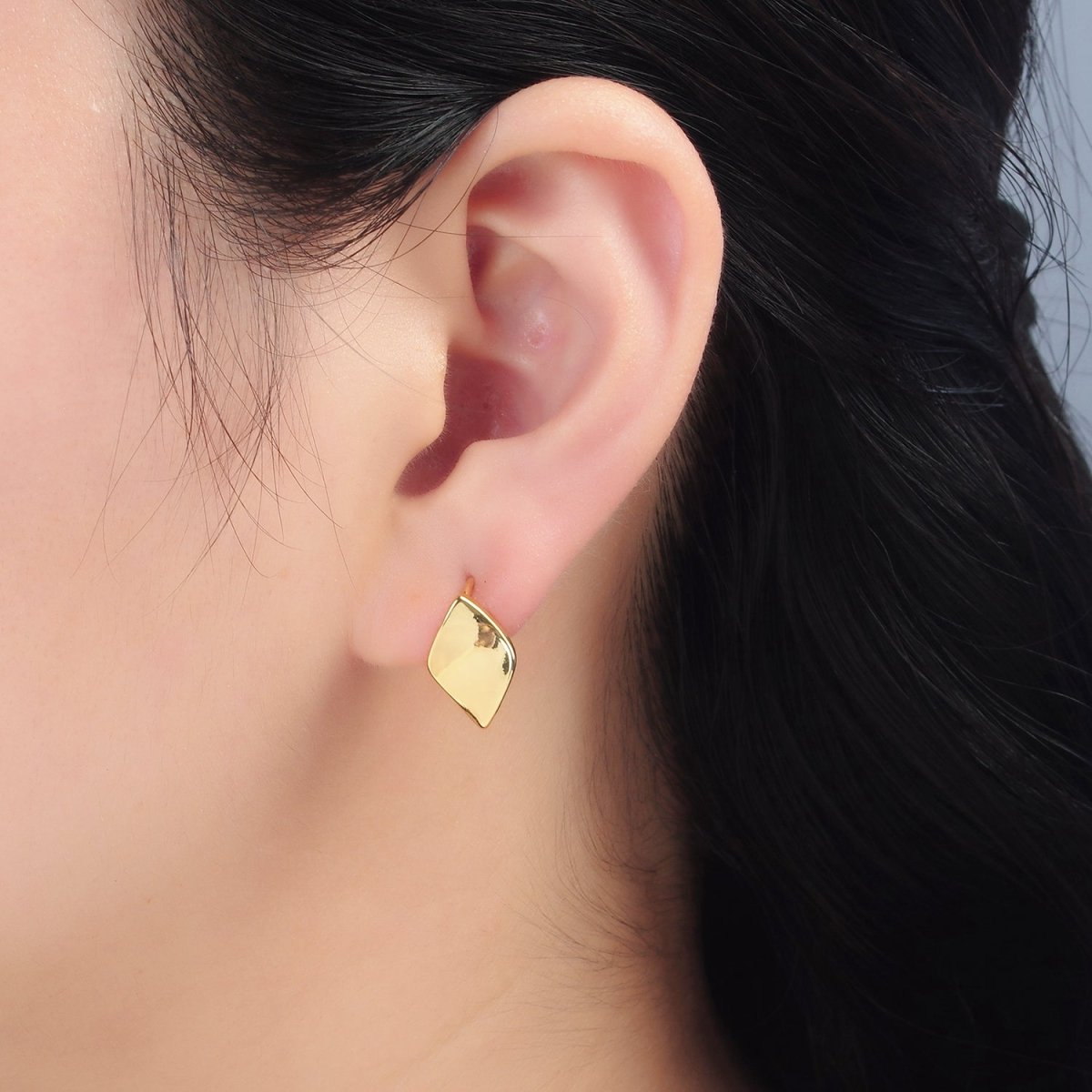 24K Gold Filled Curved Rhombus Minimalist Huggie Earrings | Q-430