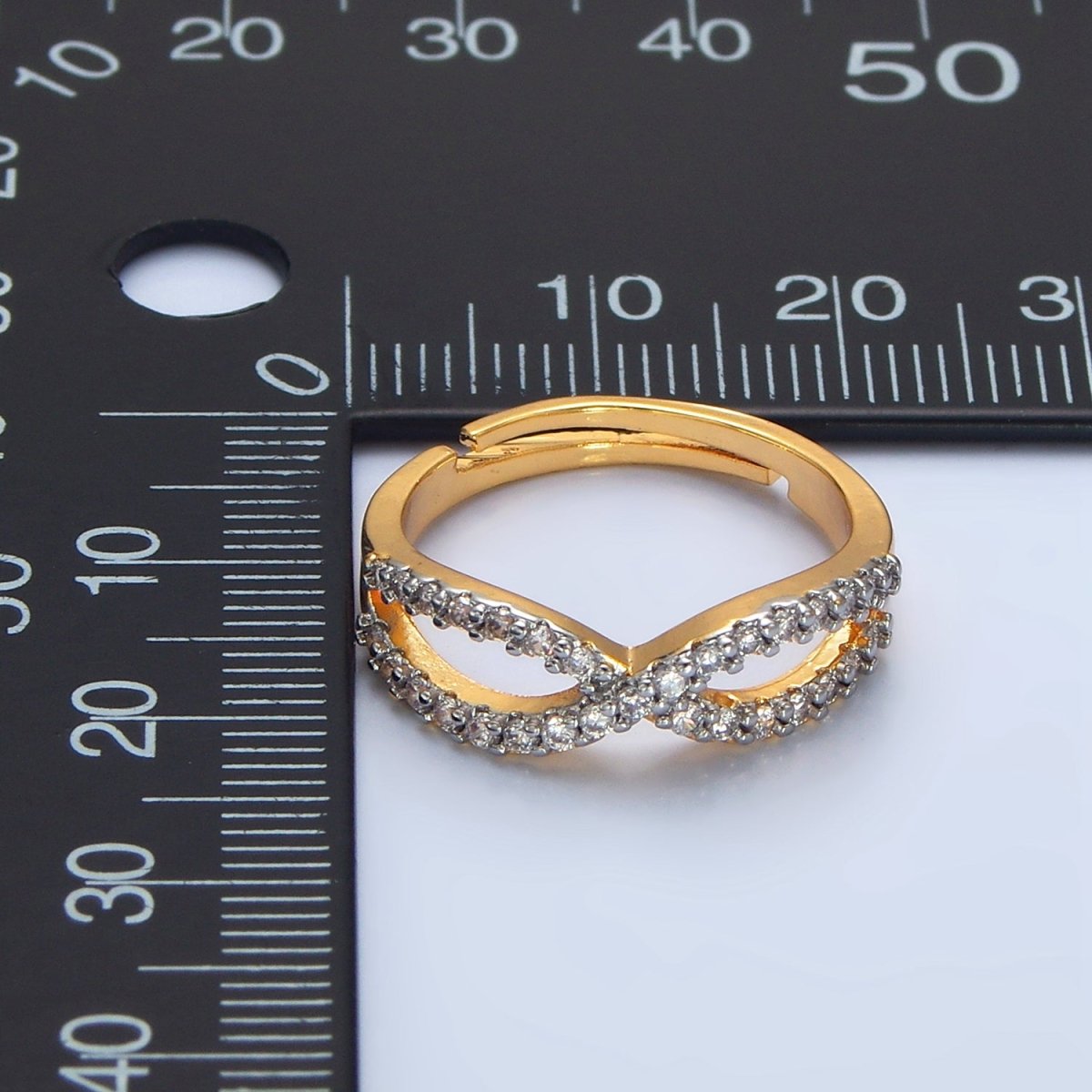 24K Gold Filled Curved Ribbon Micro Paved CZ Mixed Metal Ring | O1409