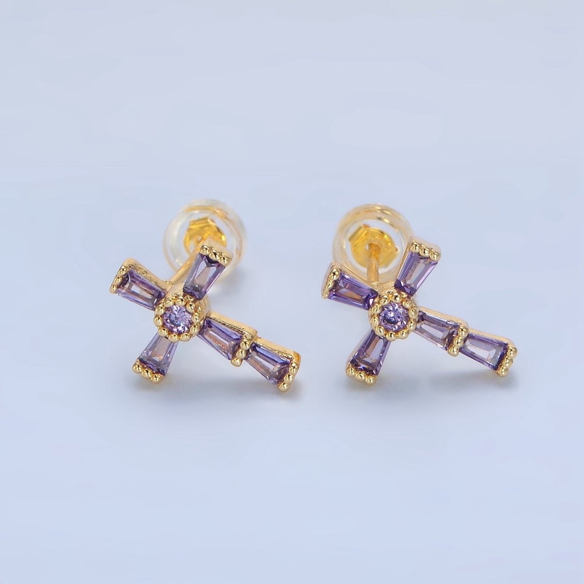 24K Gold Filled CZ Baguette Religious Cross Stud Earrings | P053 - P061