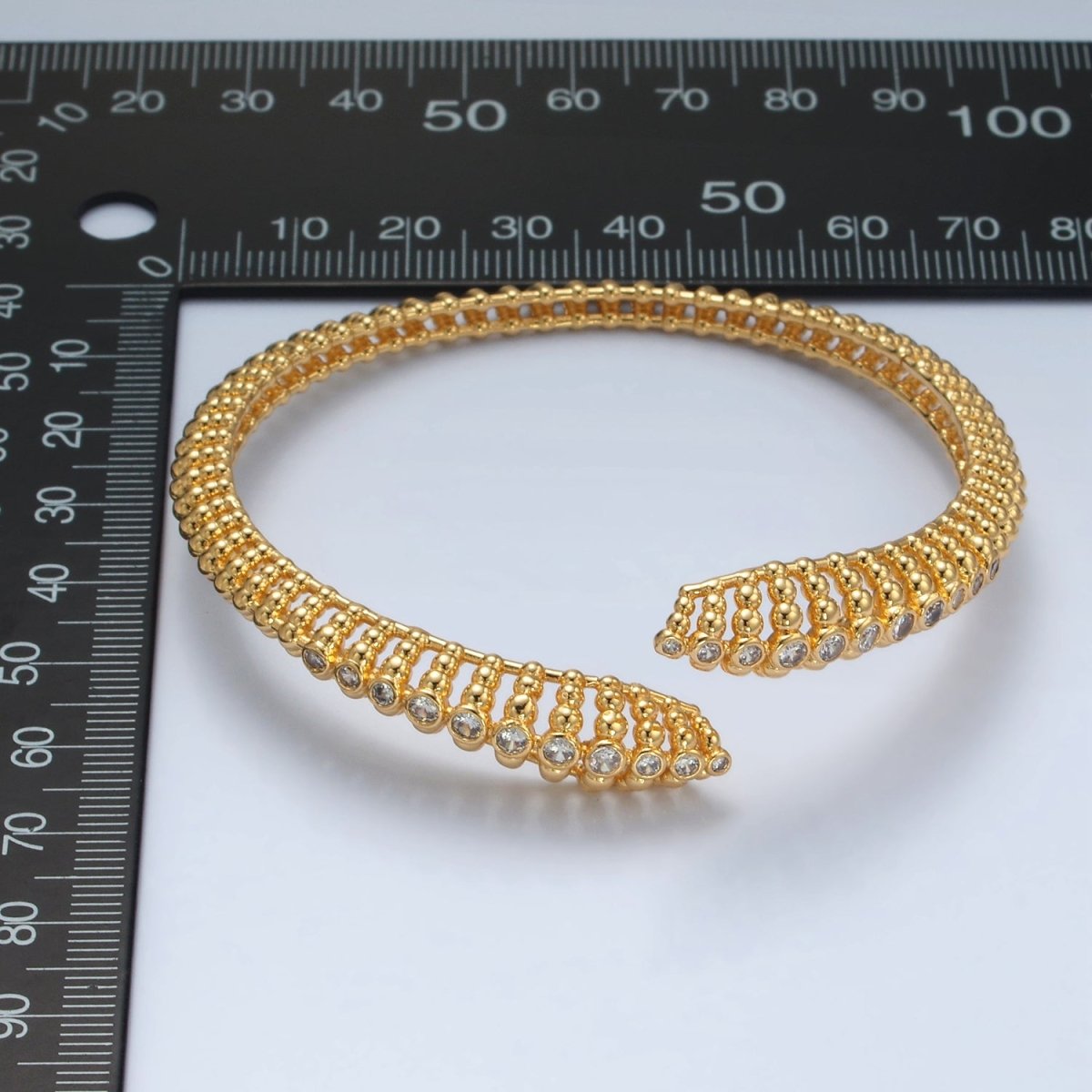 24K Gold Filled CZ Beaded Bubble Dotted Open Snake Bangle Cuff Bracelet | WA-2560