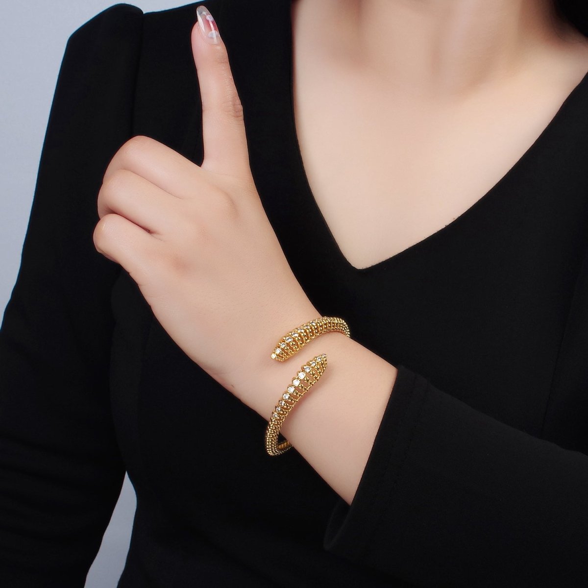 24K Gold Filled CZ Beaded Bubble Dotted Open Snake Bangle Cuff Bracelet | WA-2560