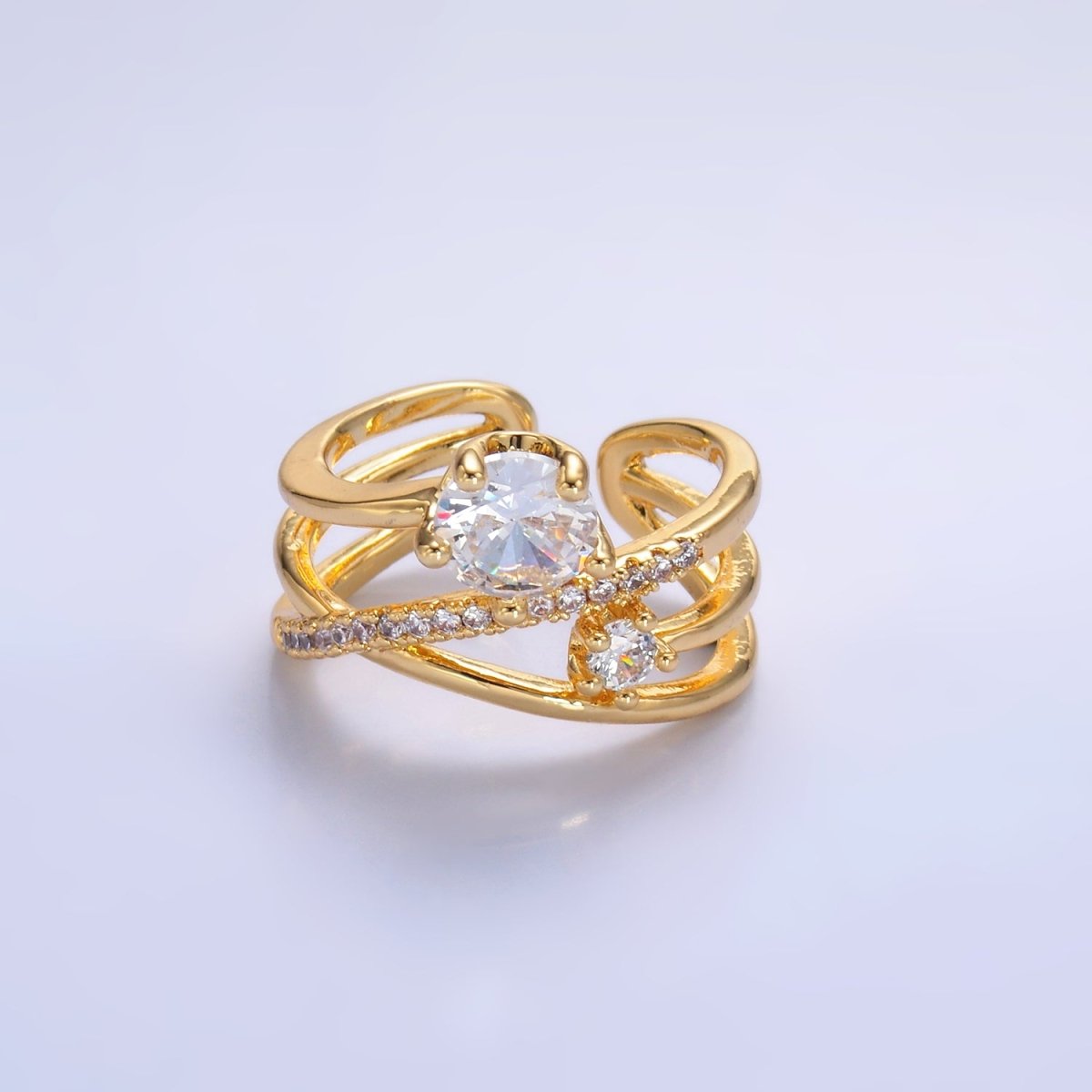 24K Gold Filled CZ Clear Micro Paved Geometric Multi-Band Ring | O550