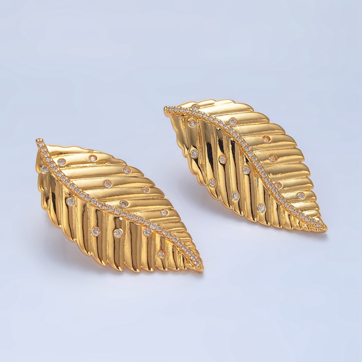 24K Gold Filled CZ Dotted Micro Paved Leaf Stud Earrings | AD778