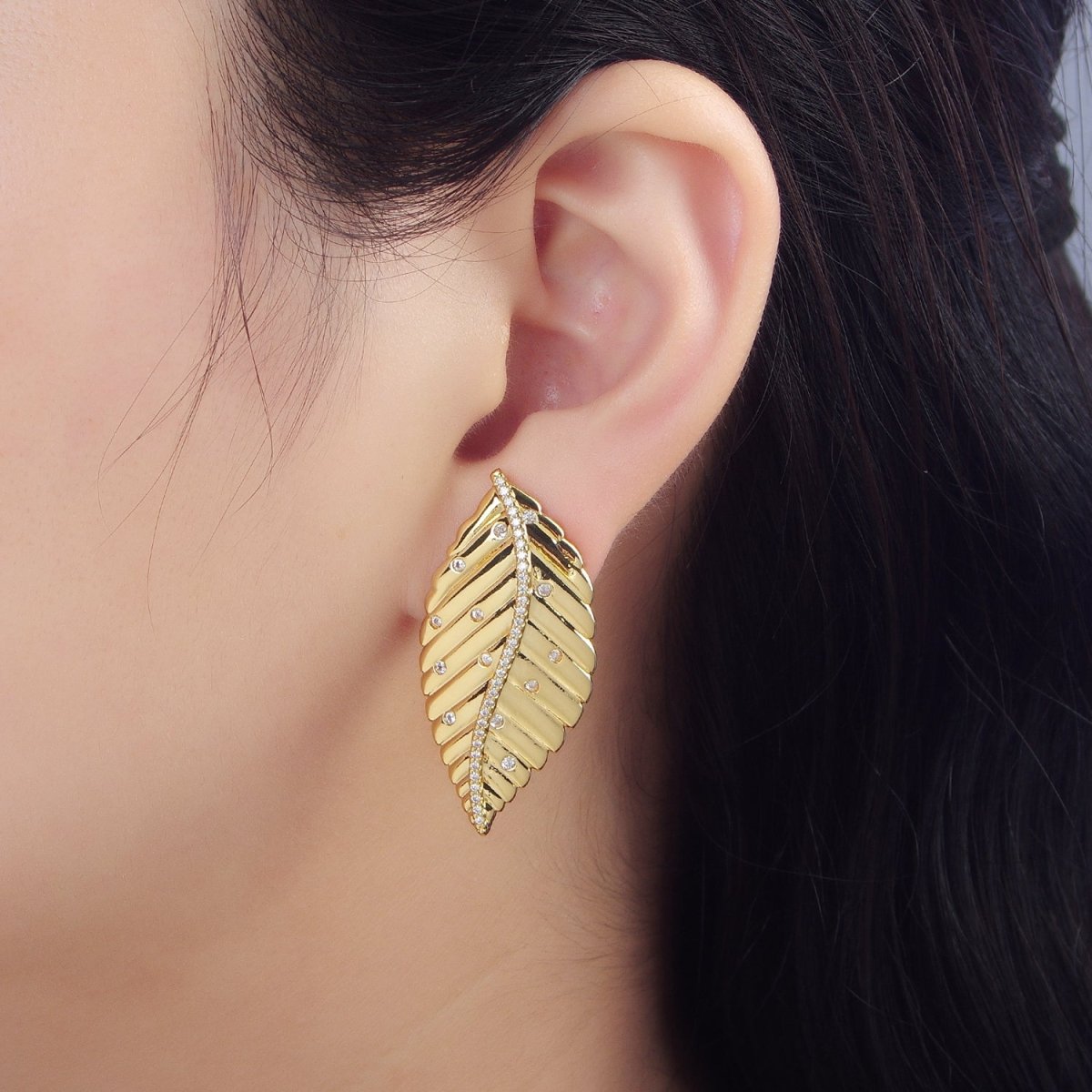 24K Gold Filled CZ Dotted Micro Paved Leaf Stud Earrings | AD778