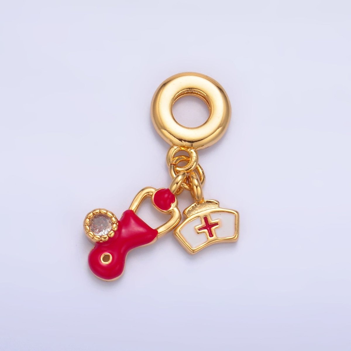 24K Gold Filled CZ Enamel Nurse Doctor Stethoscope Rhondelle Drop Pendant | W331