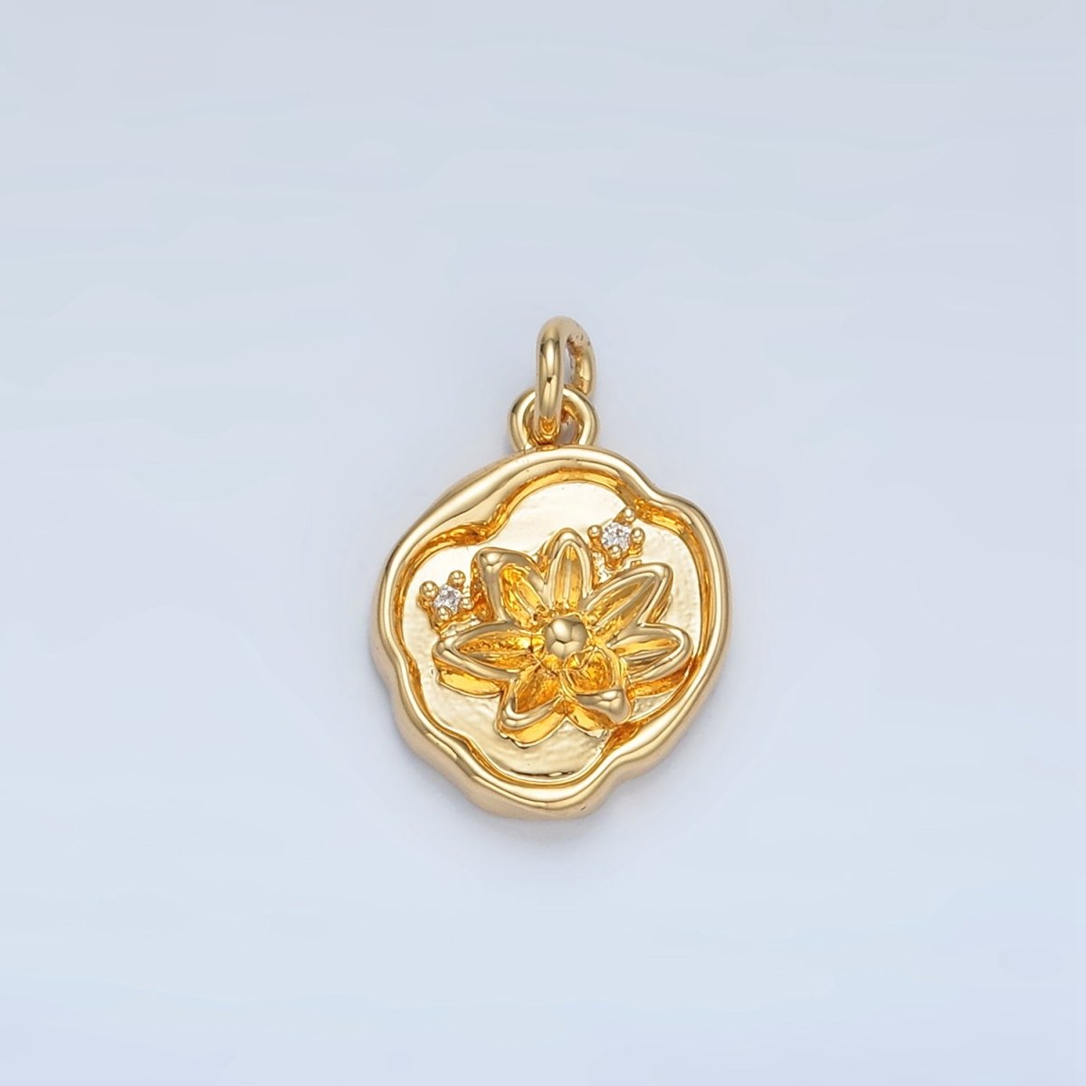 24K Gold Filled CZ Floral Lotus Flower Round Stamped Charm | X310