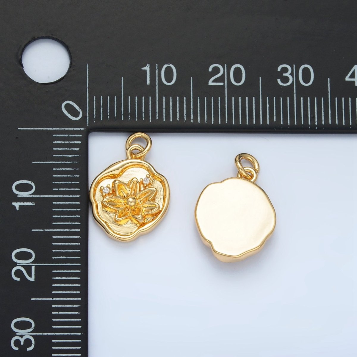 24K Gold Filled CZ Floral Lotus Flower Round Stamped Charm | X310