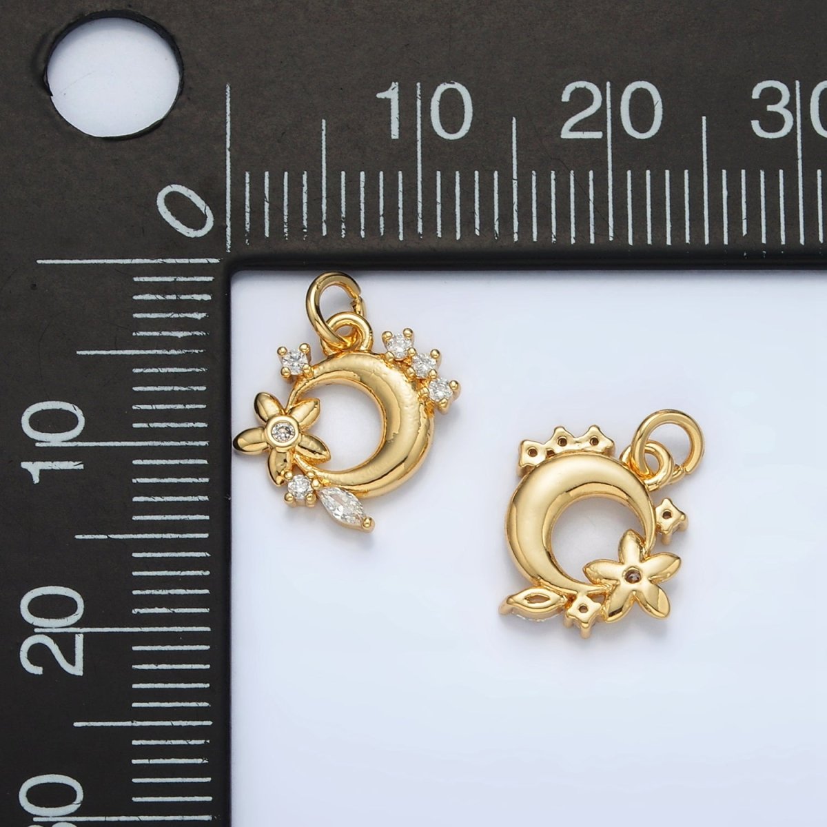 24K Gold Filled CZ Flower and Cresent Moon Celestial Charm | AC-111