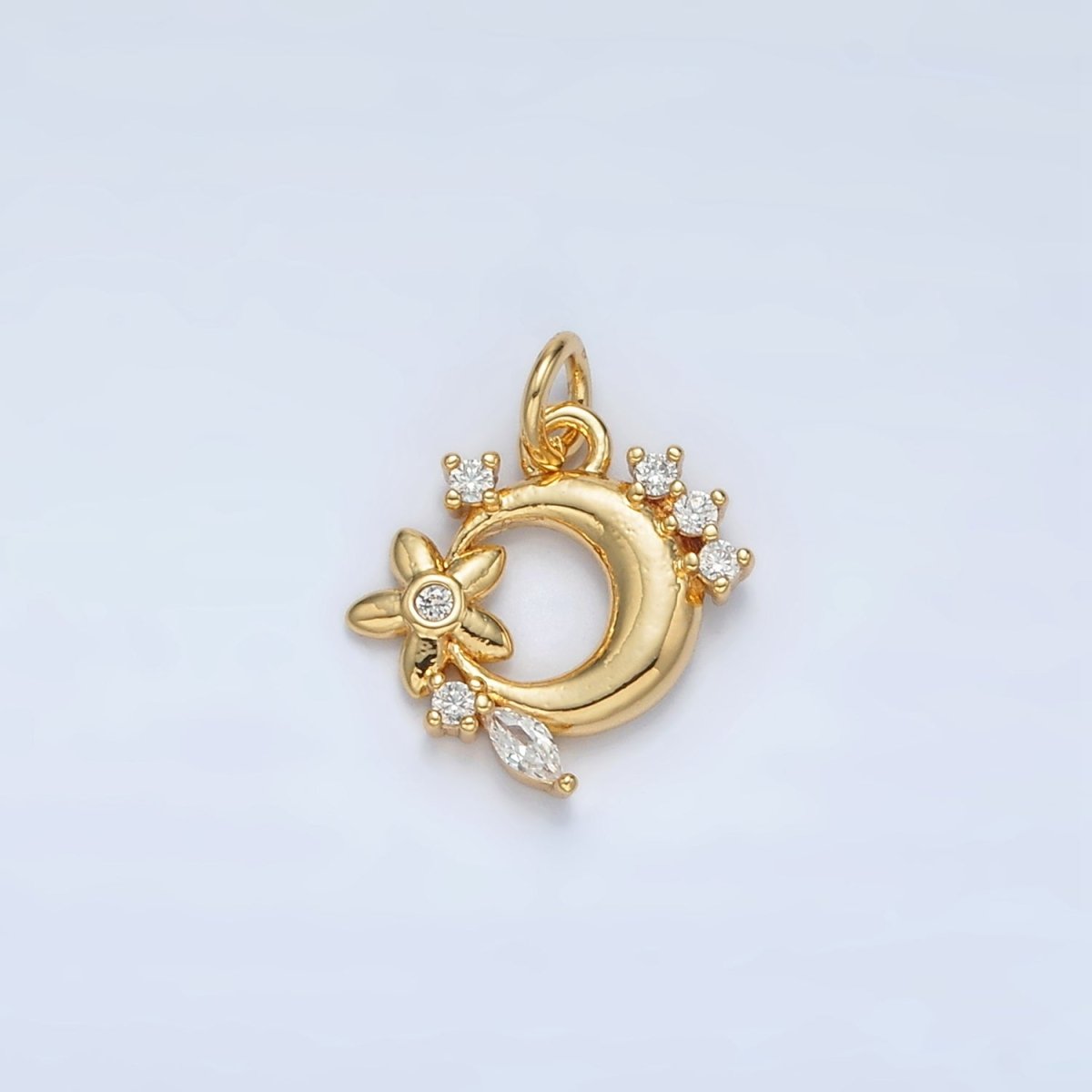 24K Gold Filled CZ Flower and Cresent Moon Celestial Charm | AC-111