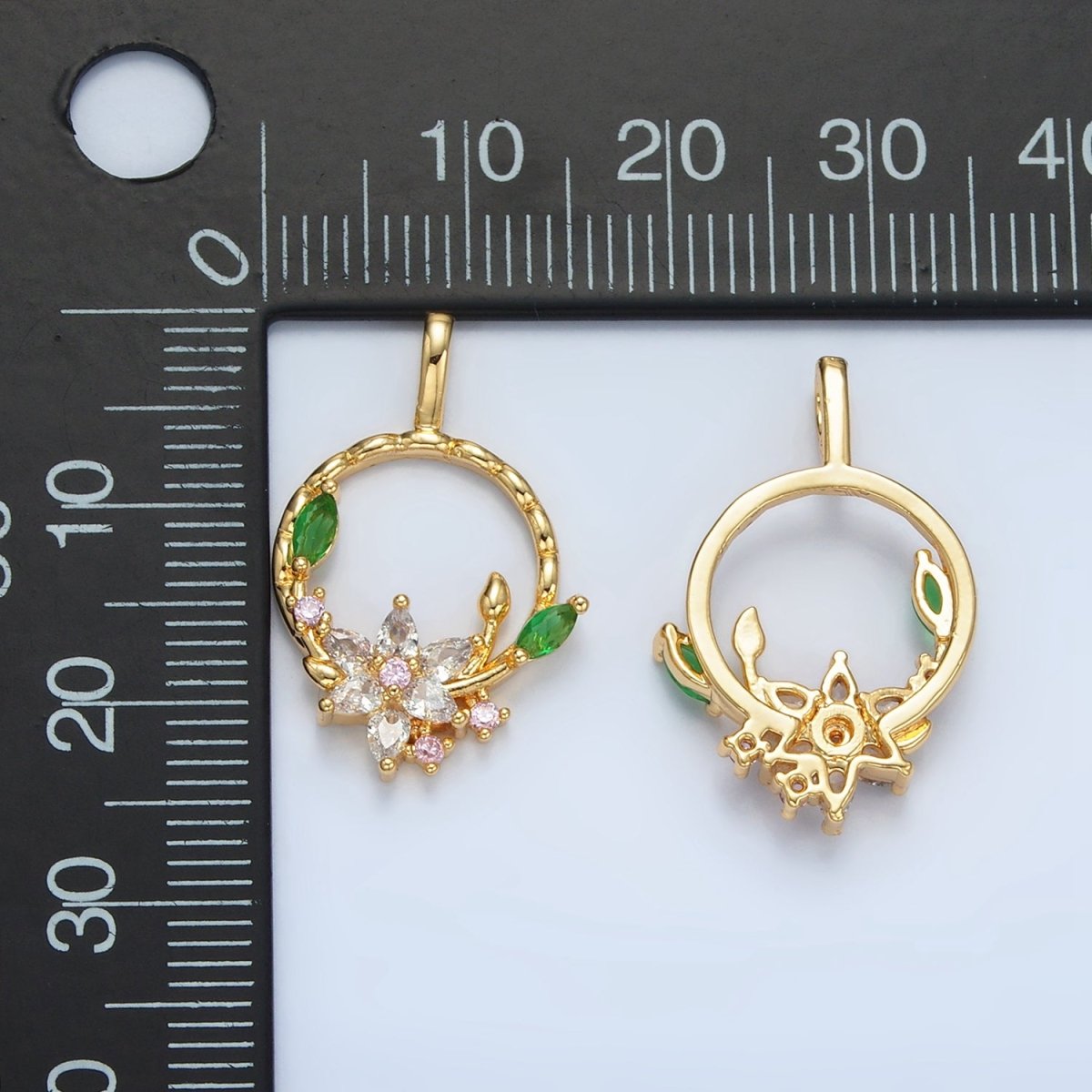 24K Gold Filled CZ Flower Open Round Quilted Bezel Pendant | AA128
