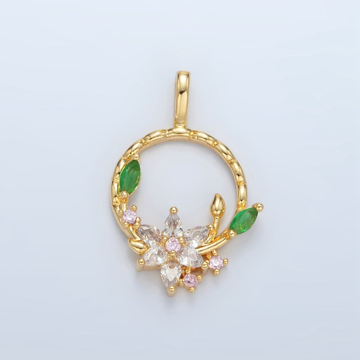 24K Gold Filled CZ Flower Open Round Quilted Bezel Pendant | AA128