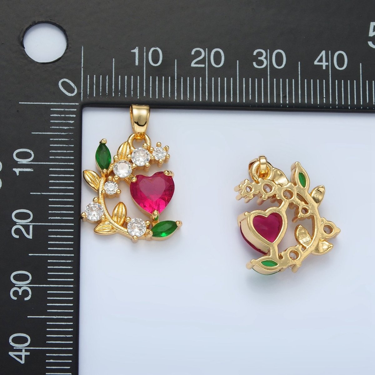 24K Gold Filled CZ Fuchsia Heart Vine Flower Pendant | AA879