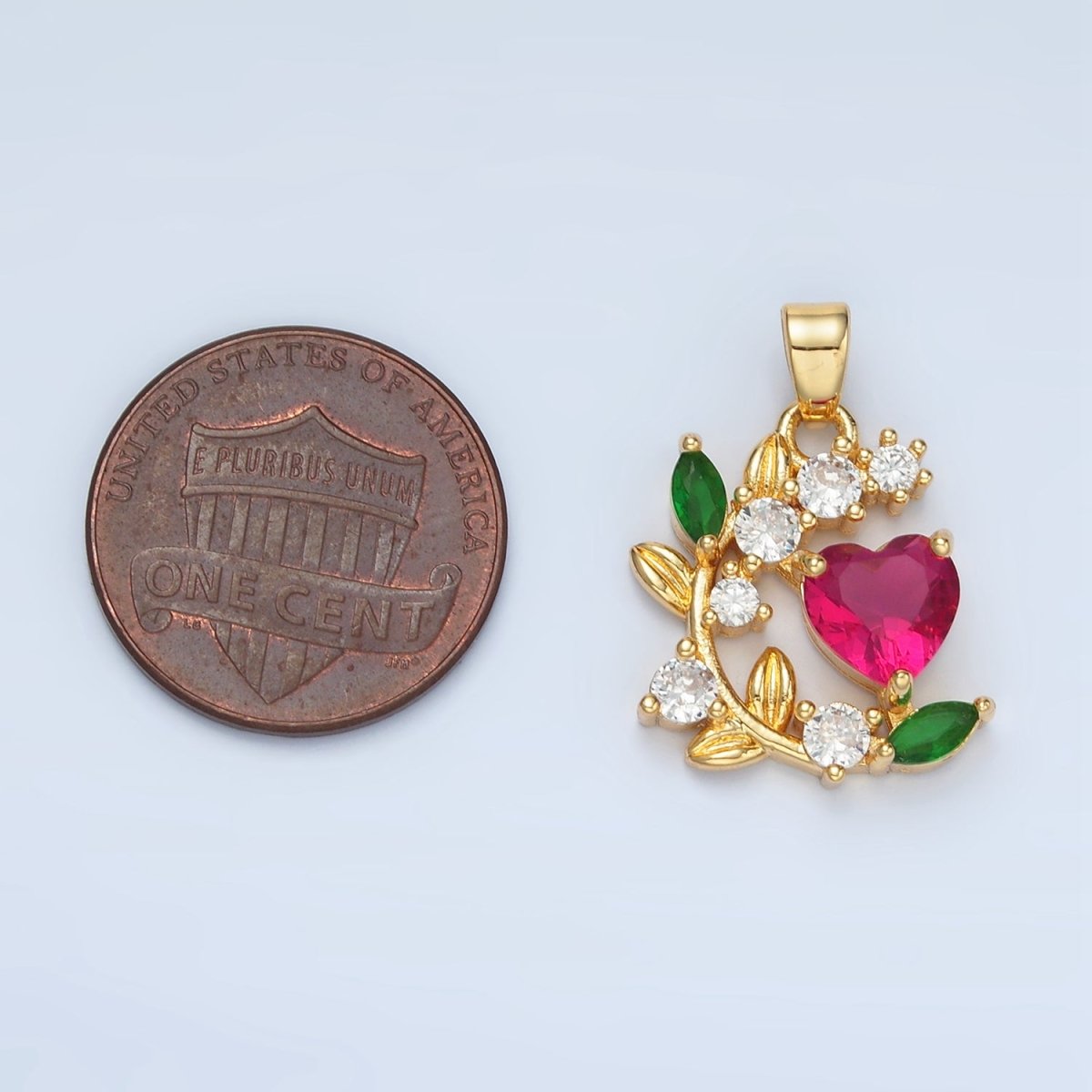 24K Gold Filled CZ Fuchsia Heart Vine Flower Pendant | AA879