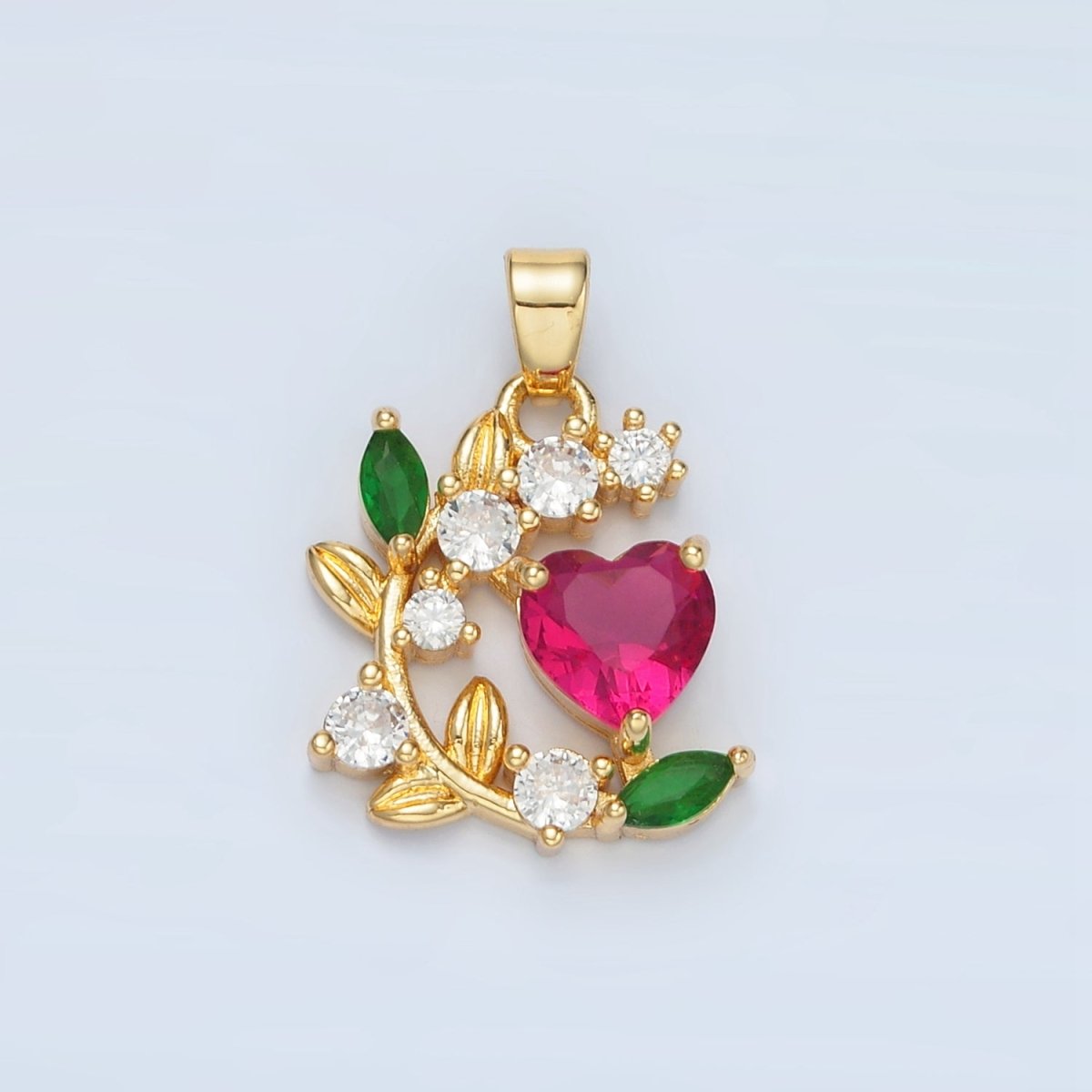 24K Gold Filled CZ Fuchsia Heart Vine Flower Pendant | AA879