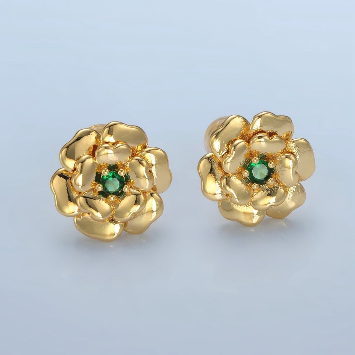 24K Gold Filled Green CZ Bud Flower Stud Earrings | AD624