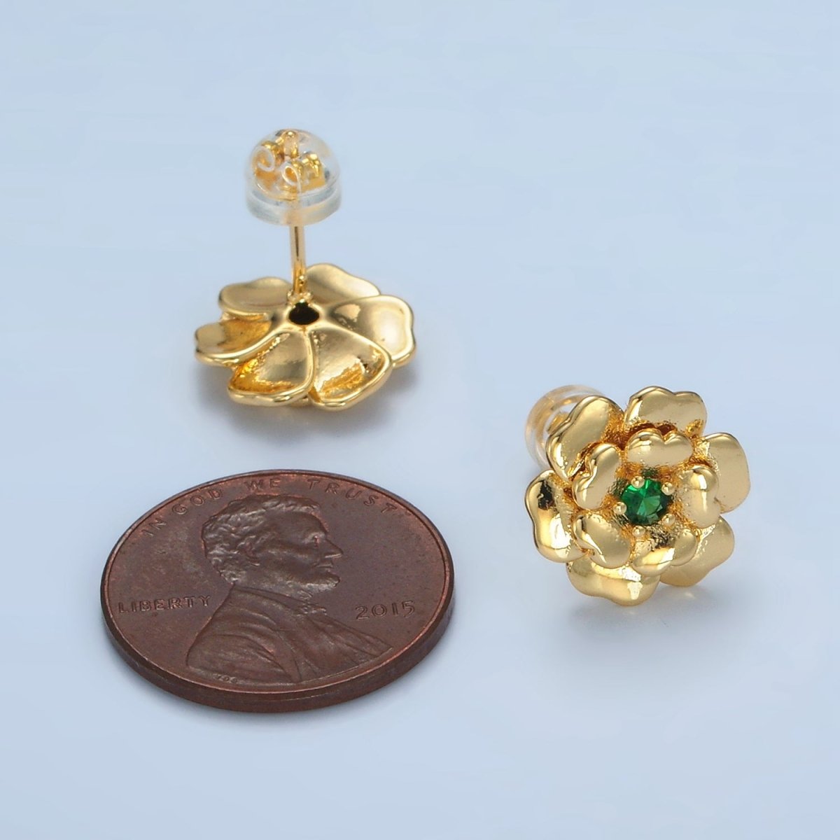 24K Gold Filled Green CZ Bud Flower Stud Earrings | AD624