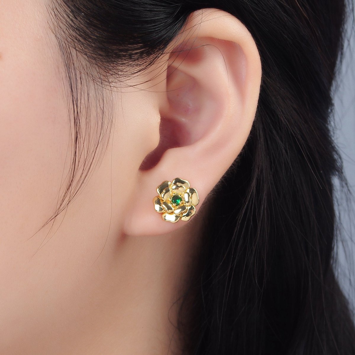 24K Gold Filled Green CZ Bud Flower Stud Earrings | AD624