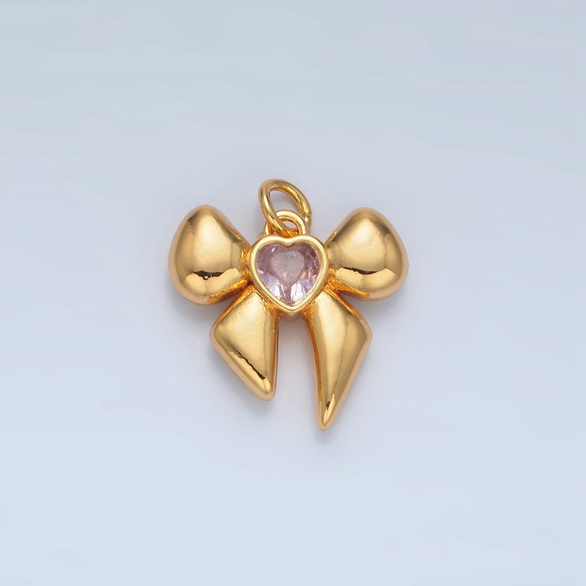 24K Gold Filled CZ Heart Puffy Ribbon Bow Multidimensional Charm  | X311