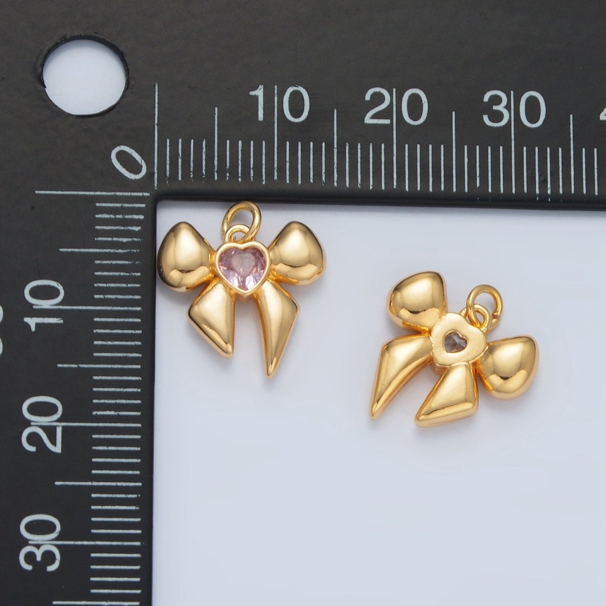 24K Gold Filled CZ Heart Puffy Ribbon Bow Multidimensional Charm  | X311