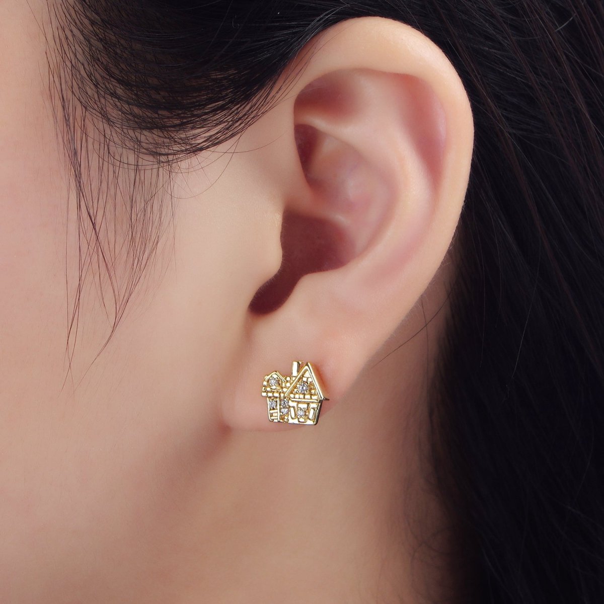 24K Gold Filled CZ House Home Mini Stud Earrings | P010