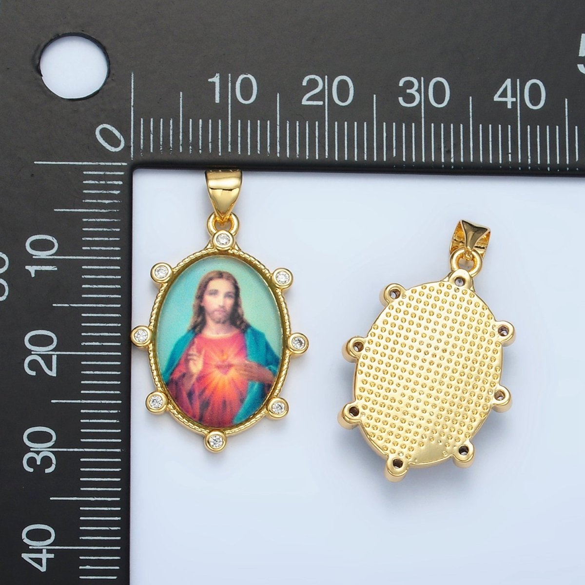 24K Gold Filled CZ Jesus Sacred Heart Oval Religious Pendant | AA-901