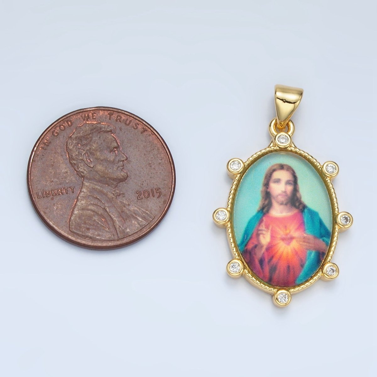 24K Gold Filled CZ Jesus Sacred Heart Oval Religious Pendant | AA-901