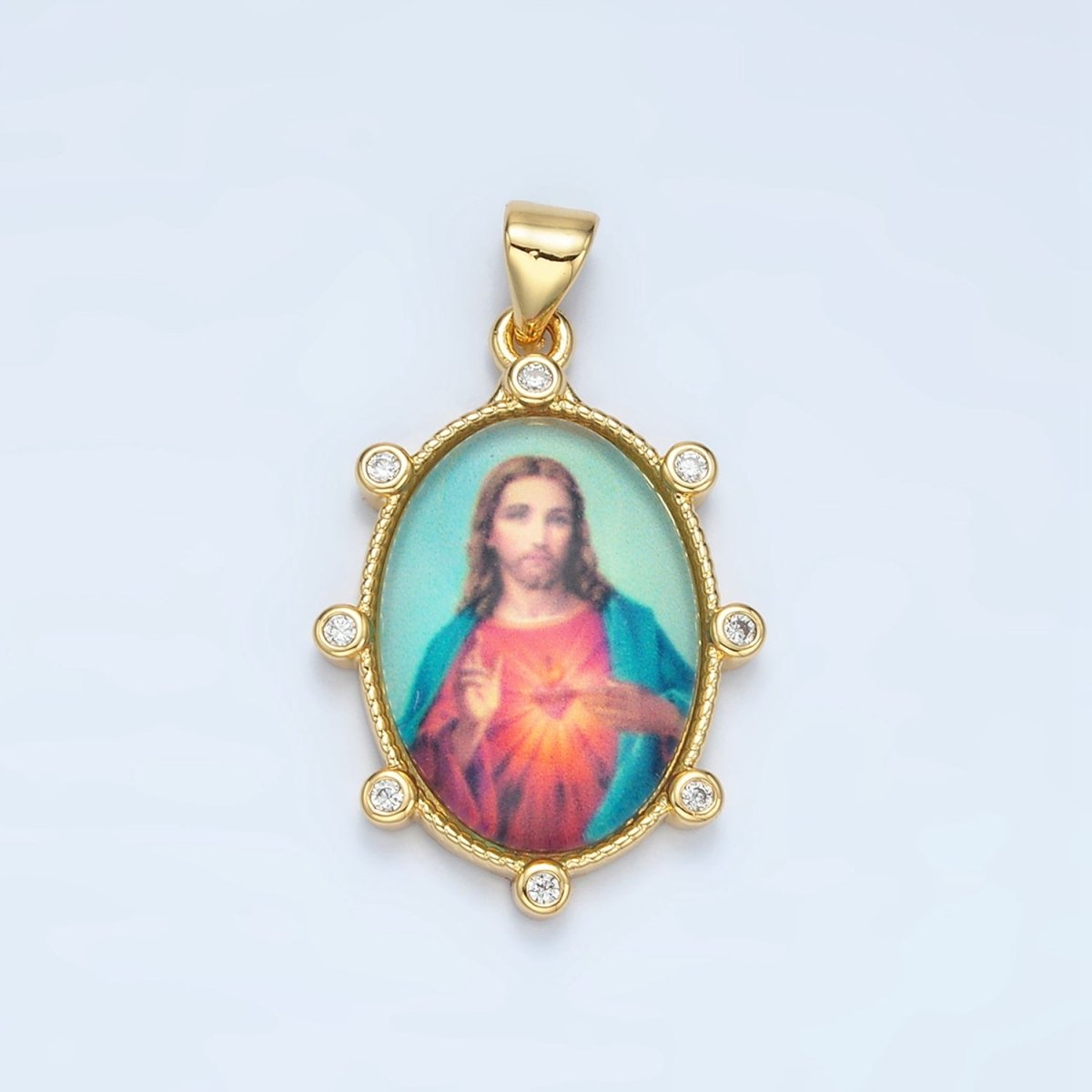 24K Gold Filled CZ Jesus Sacred Heart Oval Religious Pendant | AA-901