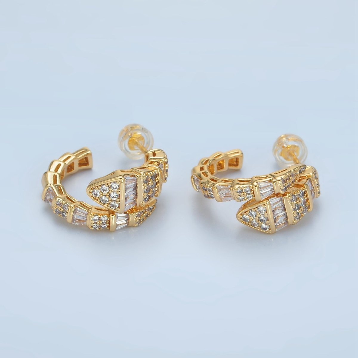 24K Gold Filled 20mm Geometric Snake Serpent Baguette Micro Paved C-Shaped Hoop Earrings | AD736