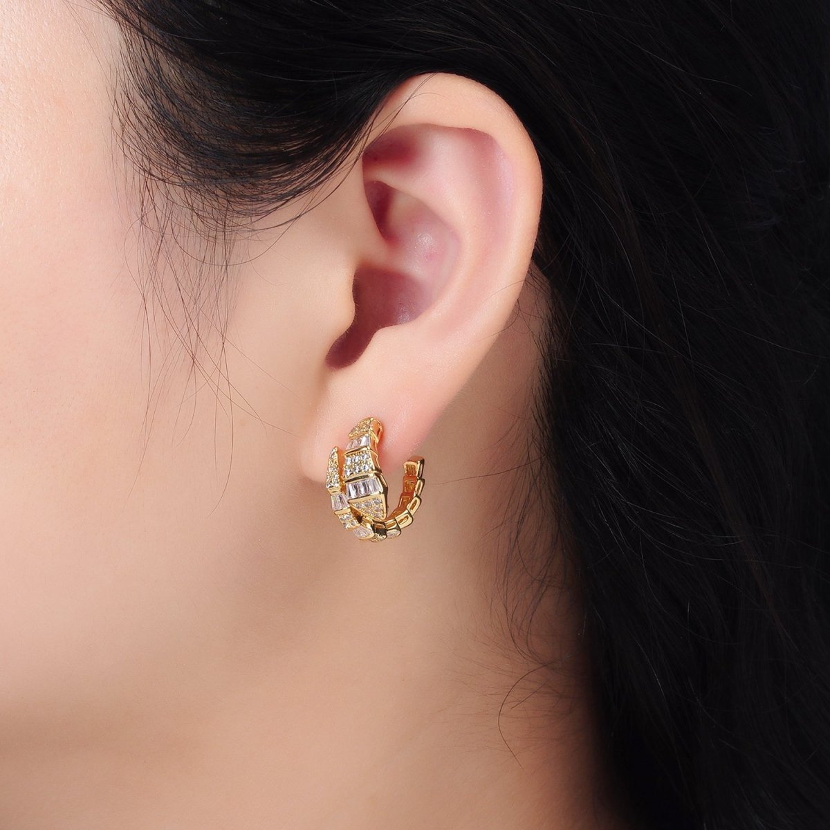 24K Gold Filled 20mm Geometric Snake Serpent Baguette Micro Paved C-Shaped Hoop Earrings | AD736
