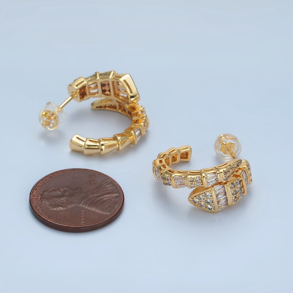 24K Gold Filled 20mm Geometric Snake Serpent Baguette Micro Paved C-Shaped Hoop Earrings | AD736