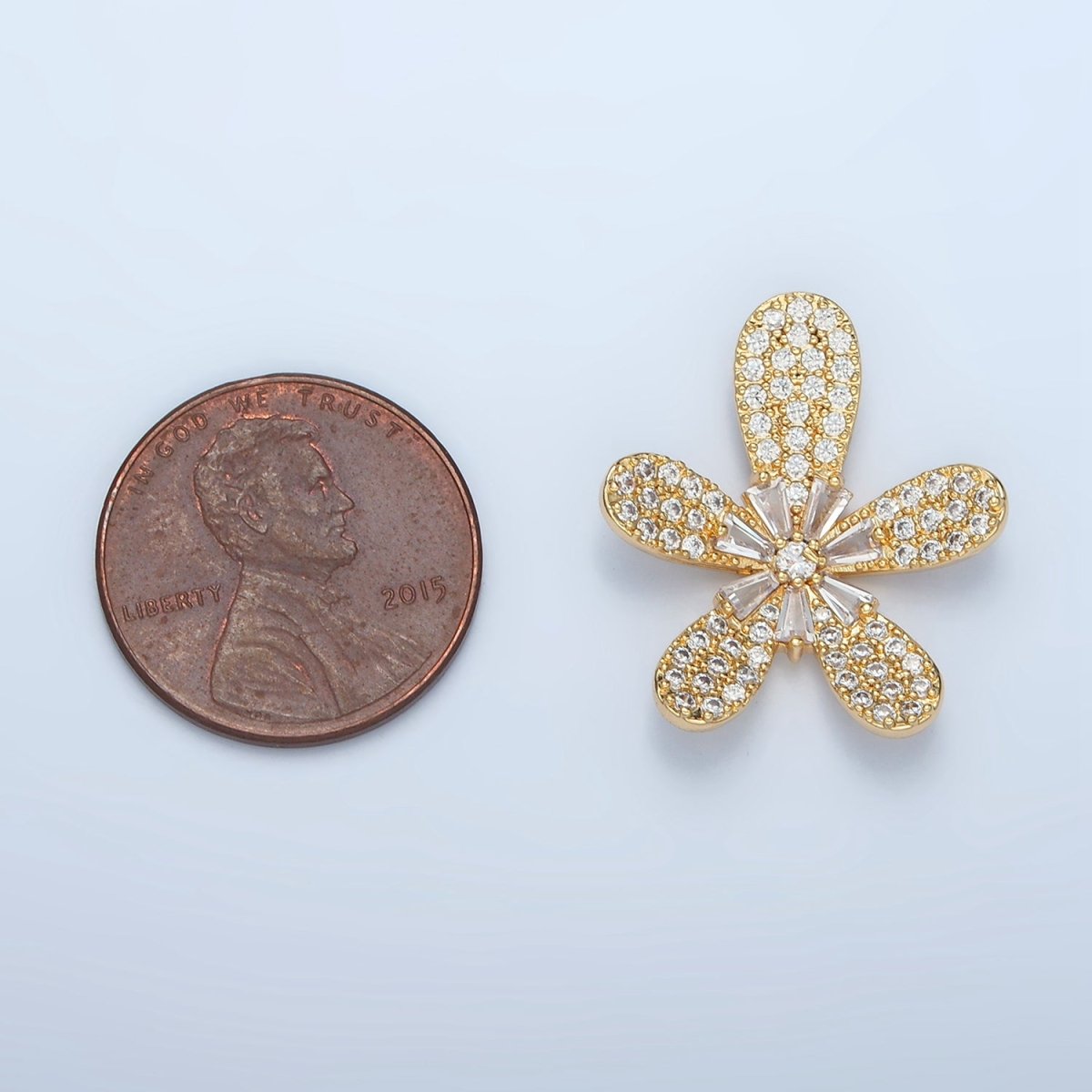 24K Gold Filled Clear CZ Baguette Micro Paved Daisy Flower Back Loop Pendant | AA861