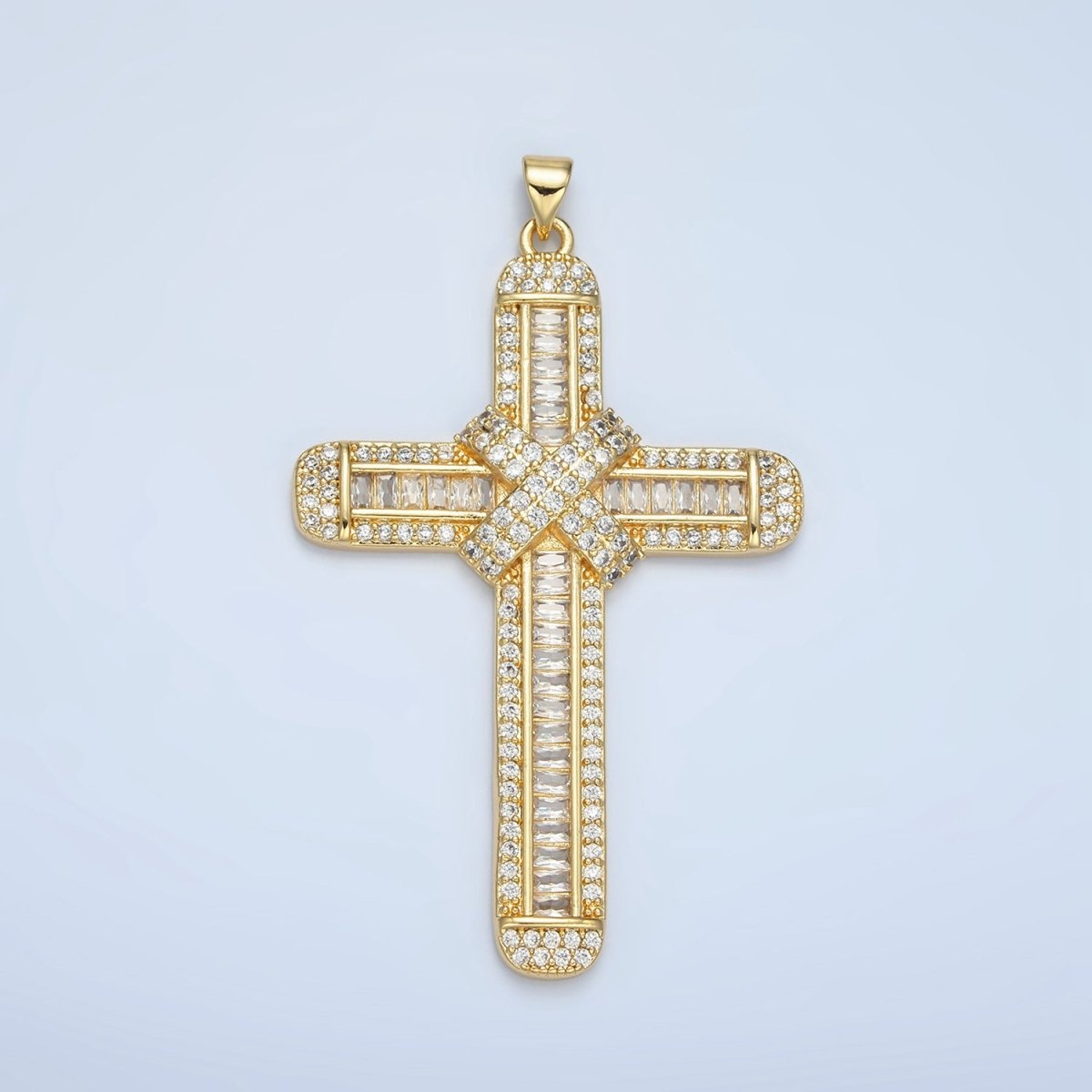 24K Gold Filled CZ Micro Paved Baguette Religious Cross Pendant | AA-802
