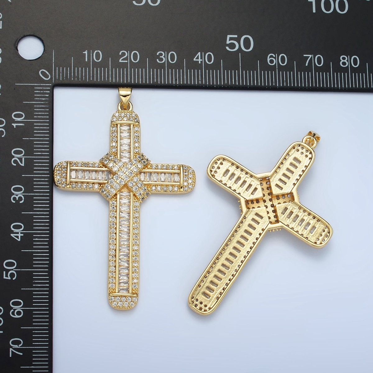 24K Gold Filled CZ Micro Paved Baguette Religious Cross Pendant | AA-802