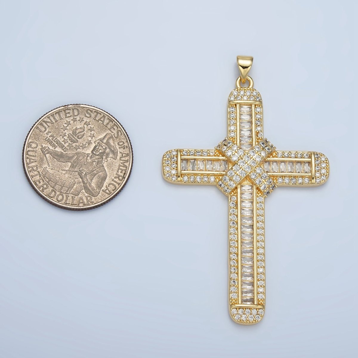 24K Gold Filled CZ Micro Paved Baguette Religious Cross Pendant | AA-802