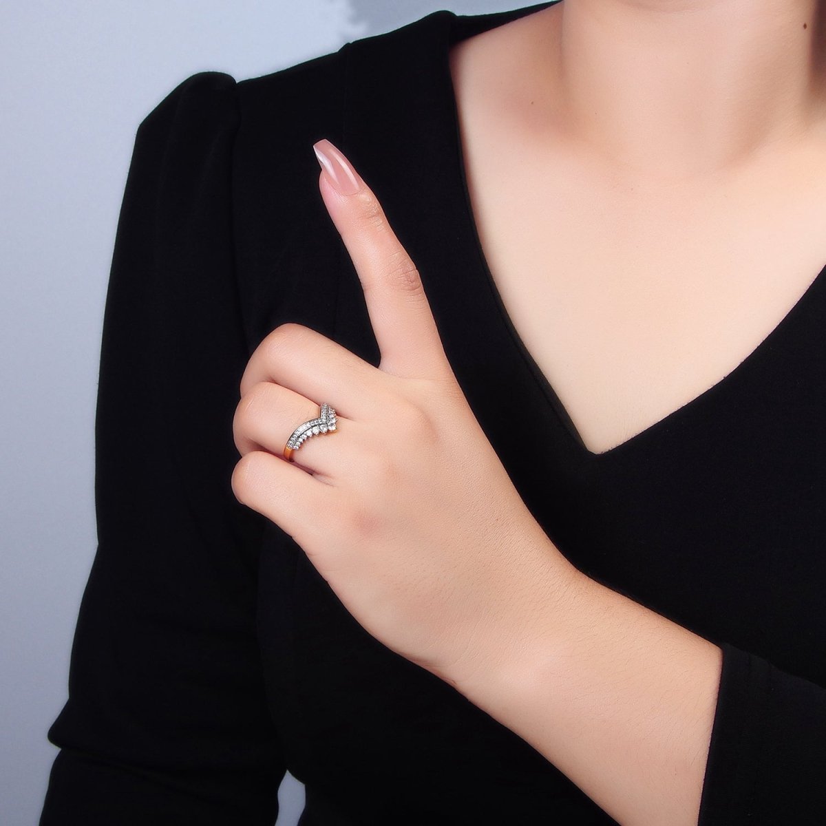 24K Gold Filled CZ Micro Paved Chevron Mixed Metal Ring | O1424