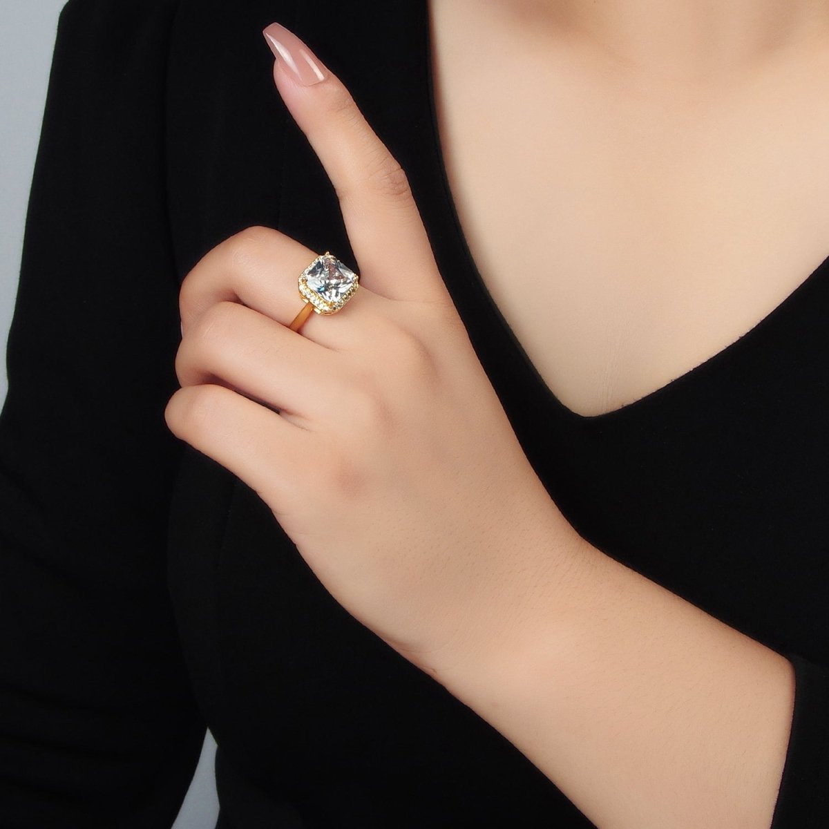 24K Gold Filled Clear Square CZ Micro Paved Solitaire Ring | O1413