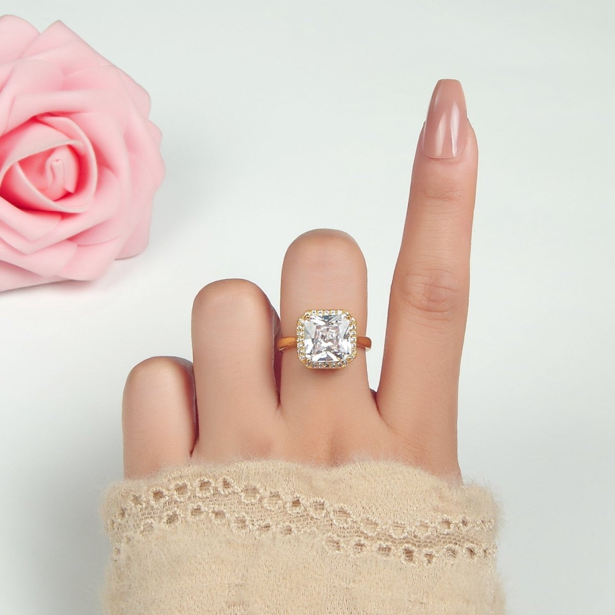 24K Gold Filled Clear Square CZ Micro Paved Solitaire Ring | O1413