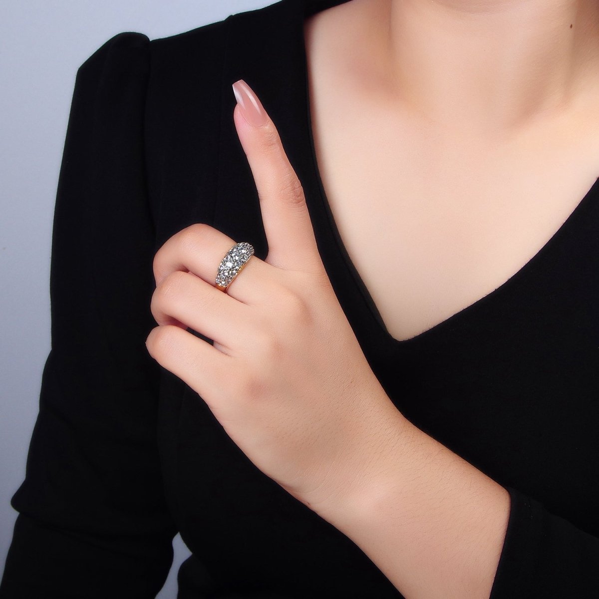 24K Gold Filled CZ Micro Paved Dome Mixed Metal Ring | O1431
