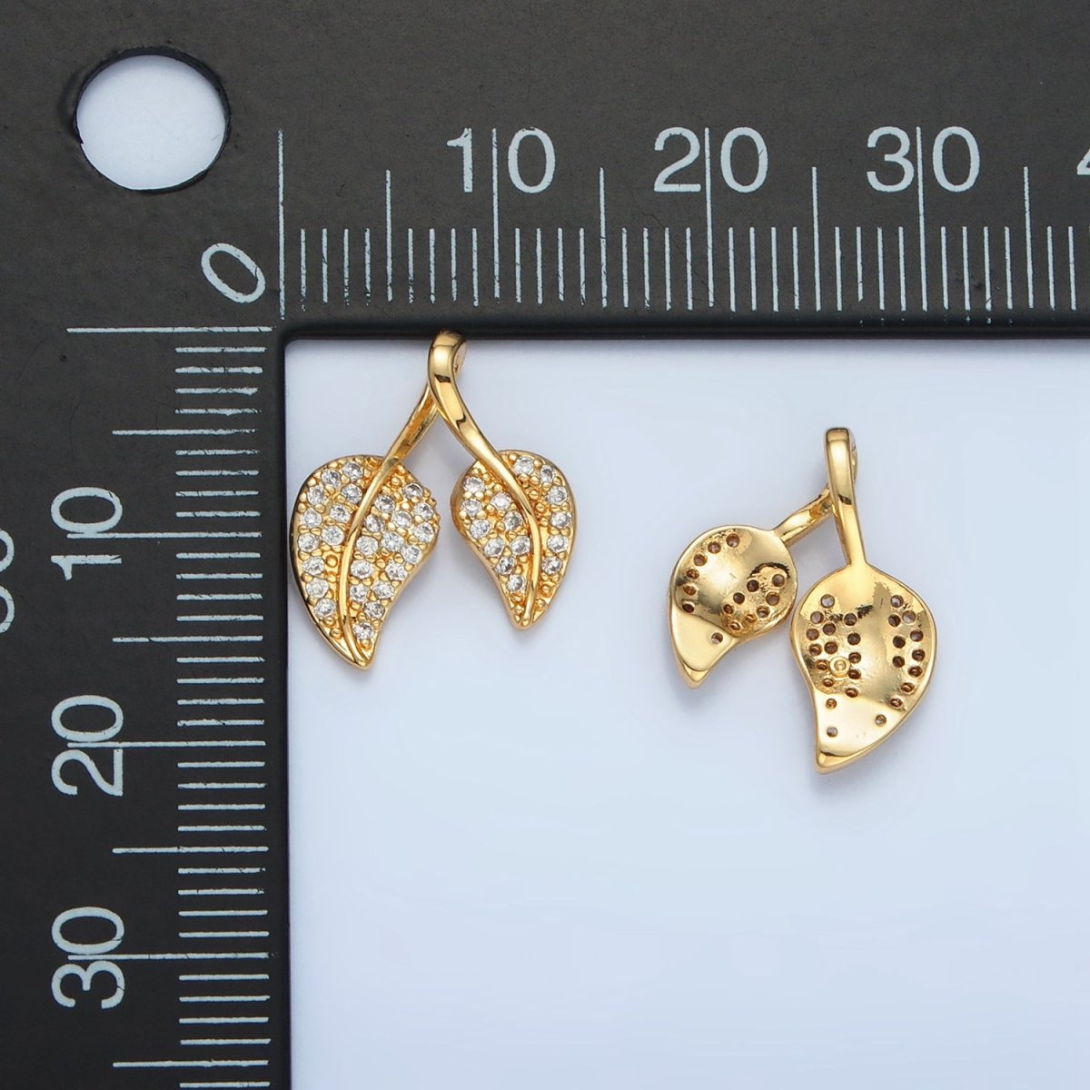 24K Gold Filled Double Micro Paved CZ Leaf Nature Pendant | AA860