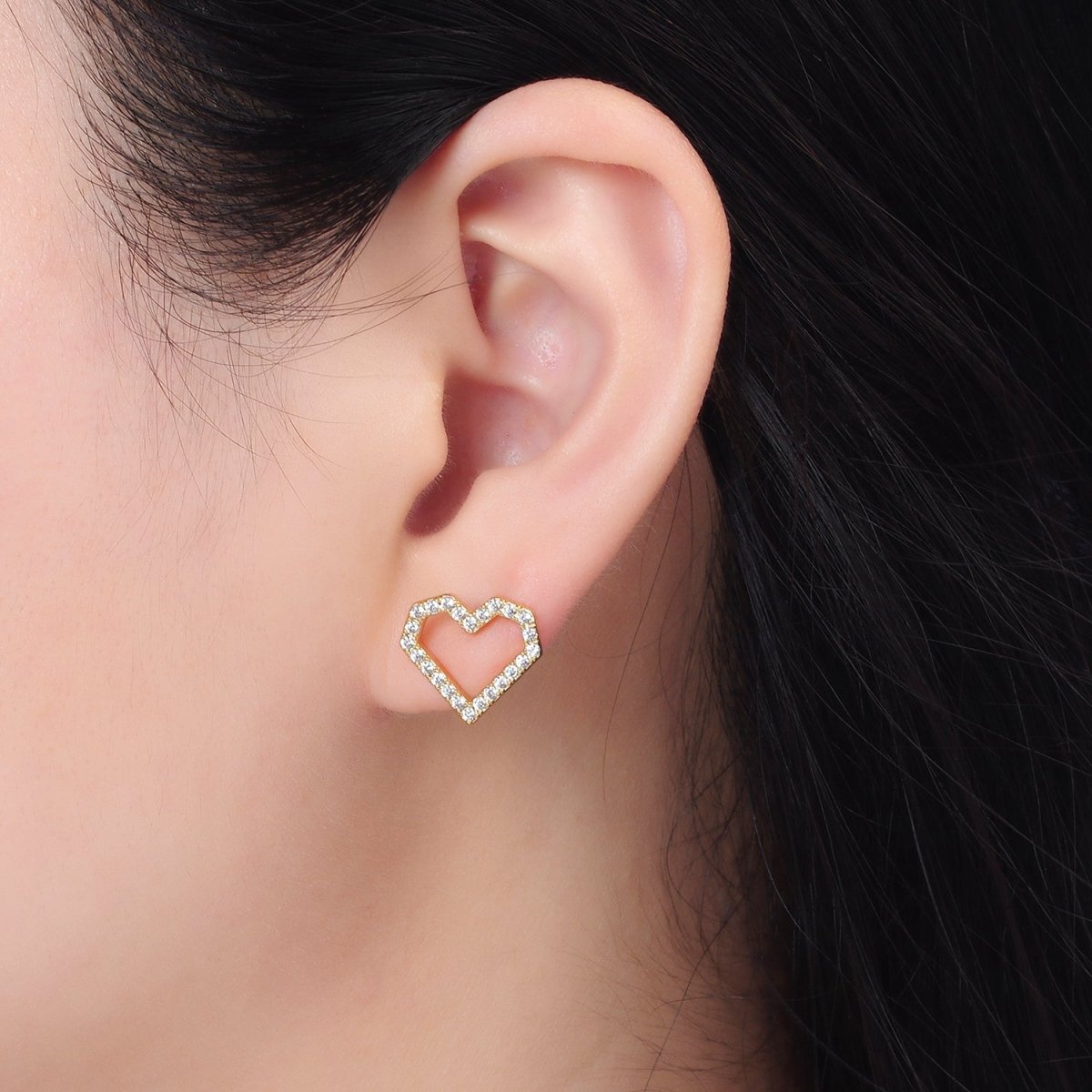 24K Gold Filled Micro Paved CZ Open Heart Stud Earrings | AD739