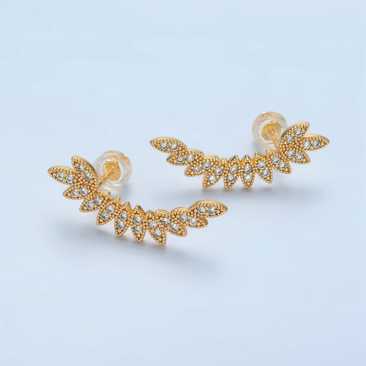 24K Gold Filled Curved Micro Paved CZ Leaf Nature Stud Earrings Set | AD745