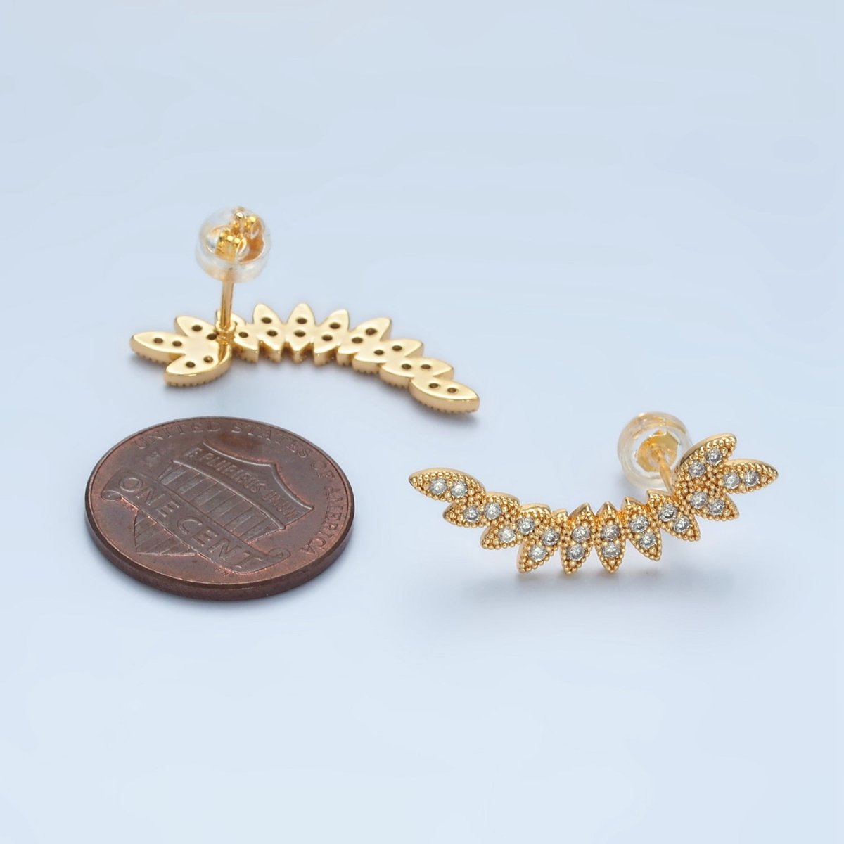 24K Gold Filled Curved Micro Paved CZ Leaf Nature Stud Earrings Set | AD745