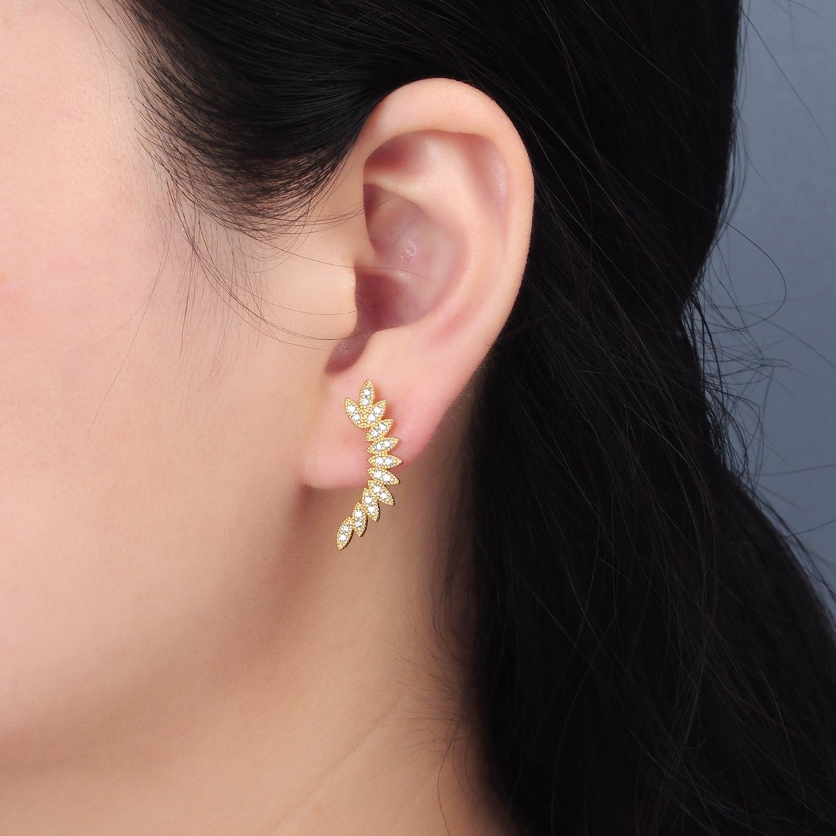 24K Gold Filled Curved Micro Paved CZ Leaf Nature Stud Earrings Set | AD745