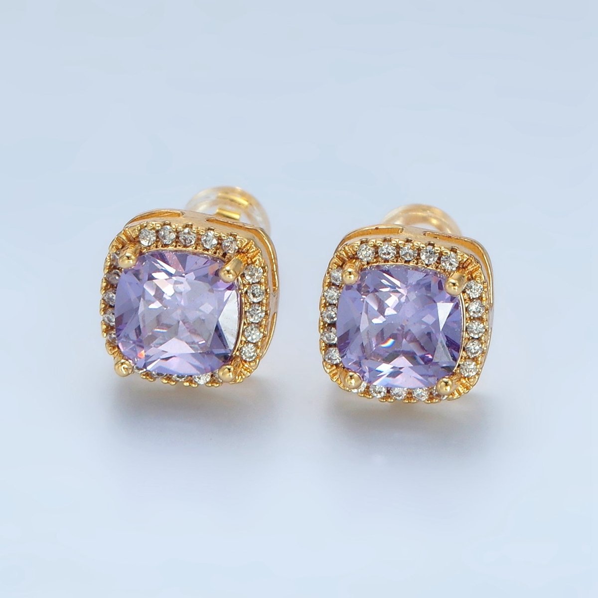 24K Gold Filled Purple Square Micro Paved CZ Stud Earrings | AD742
