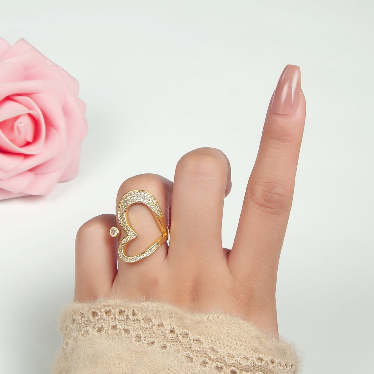 24K Gold Filled Micro Paved CZ Sideway Open Heart Ring | O1412
