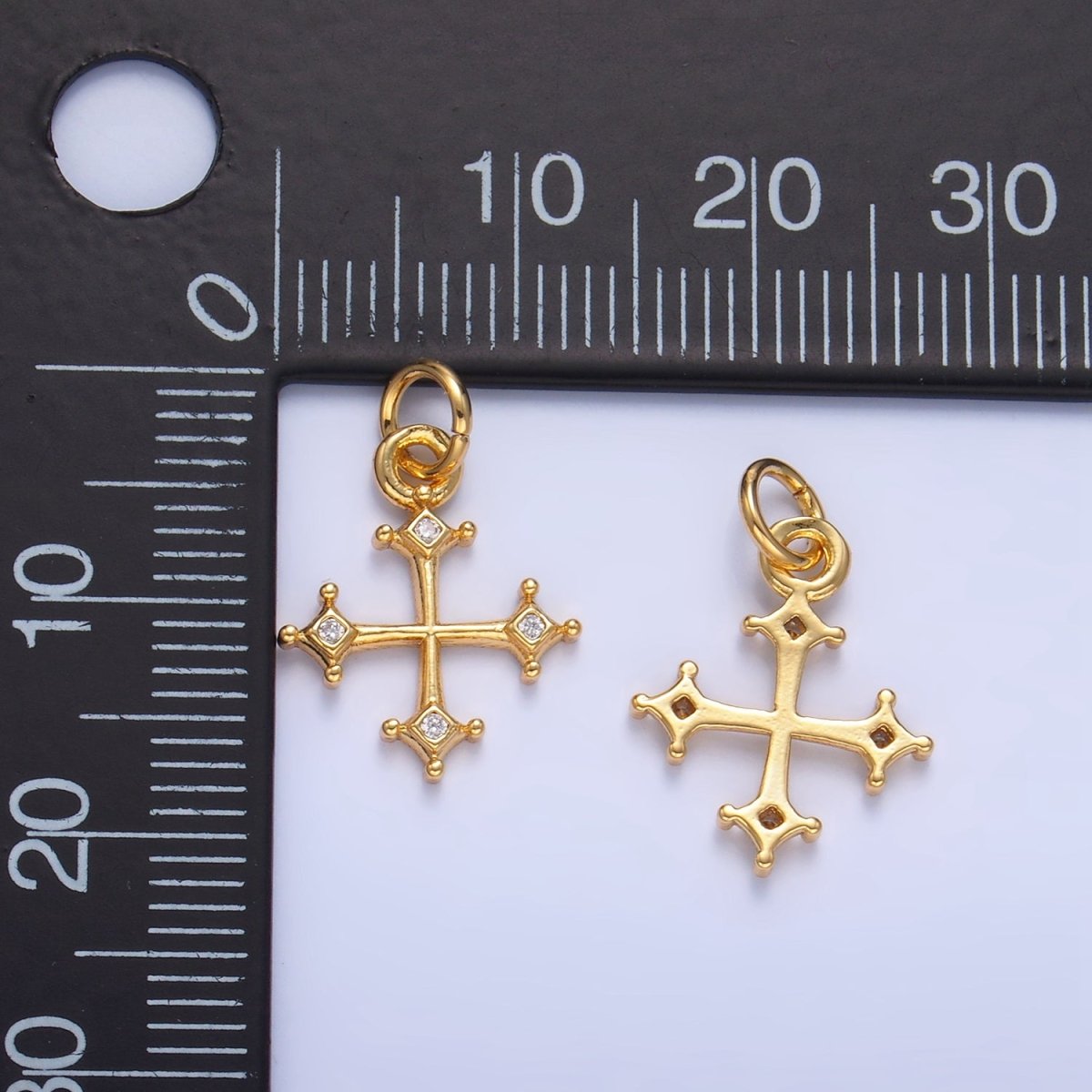 24K Gold Filled CZ Mini Dotted CZ Fleur Cross Charm | W113