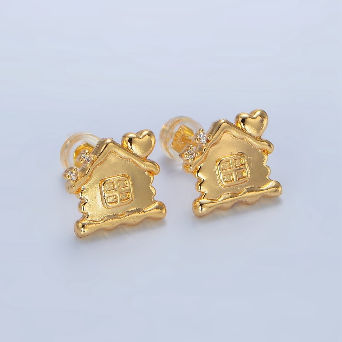 24K Gold Filled CZ Molten Dough House Heart Stud Earrings | P003