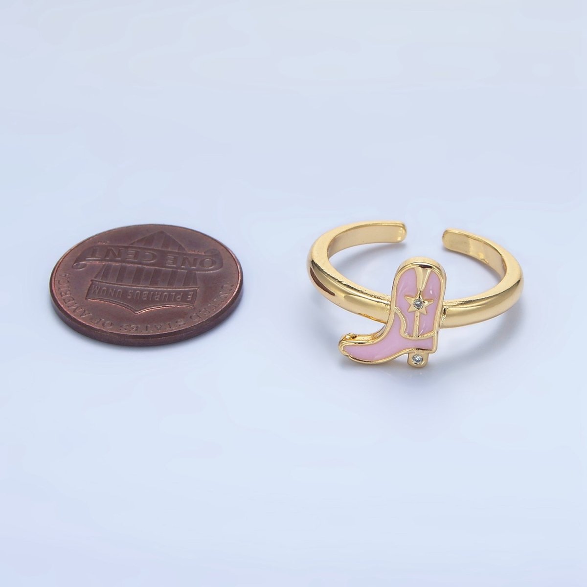 24K Gold Filled CZ Pink Enamel Cowboy Boots Ring | O979