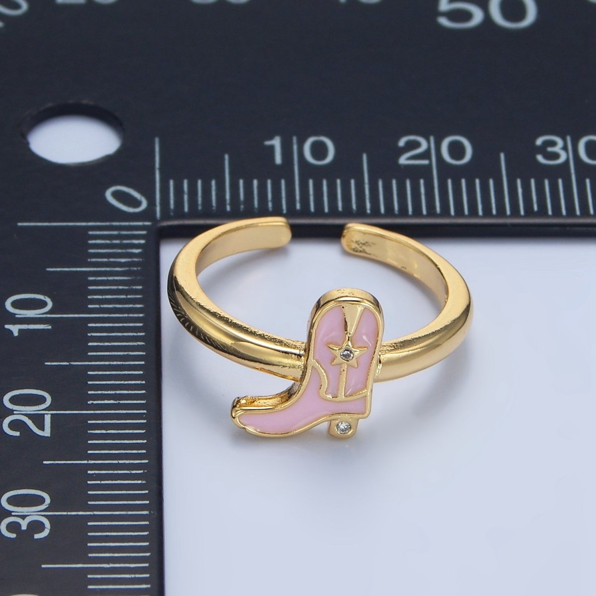 24K Gold Filled CZ Pink Enamel Cowboy Boots Ring | O979